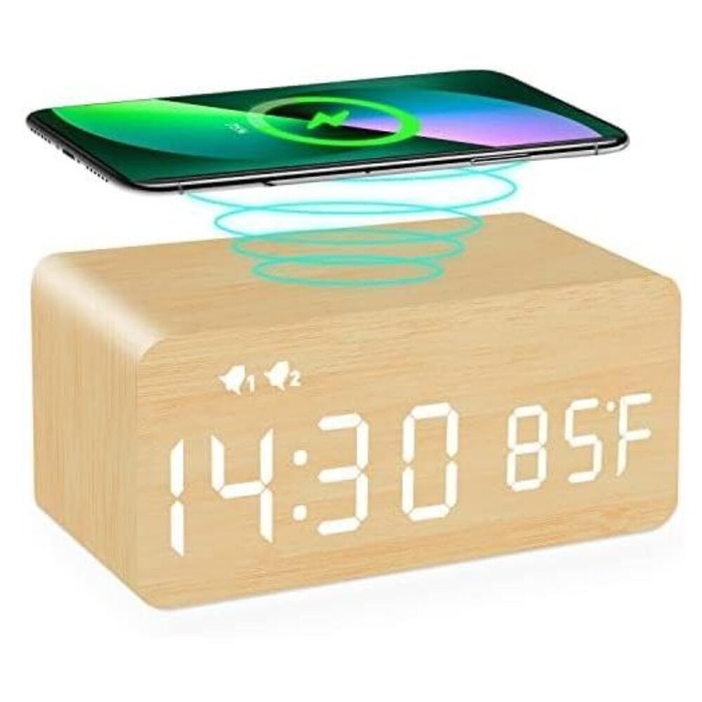 Wooden Wood Digital Alarm Clock LED Desk Clock Time Temperature Wireless Charger